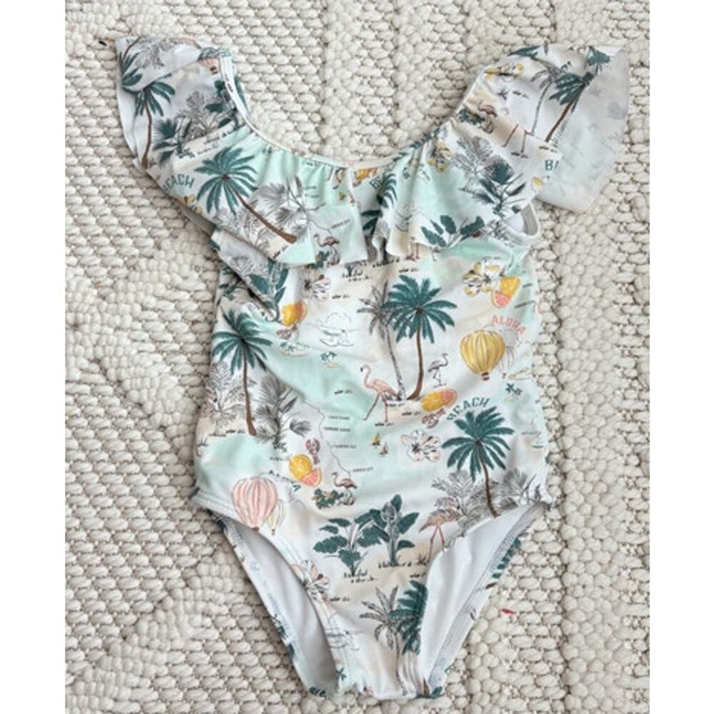 NWOT Toddler Girl Janie and Jack Beach Print Ruffle One Piece Swimsuit Size 3